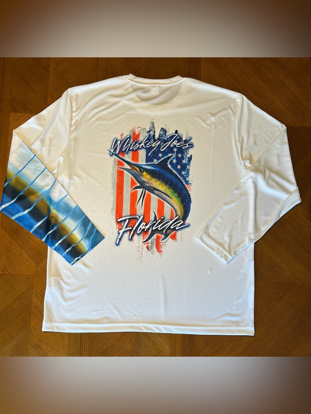 Whiskey Joe's White Long-Sleeve Shirt with Marlin and American Flag Graphic